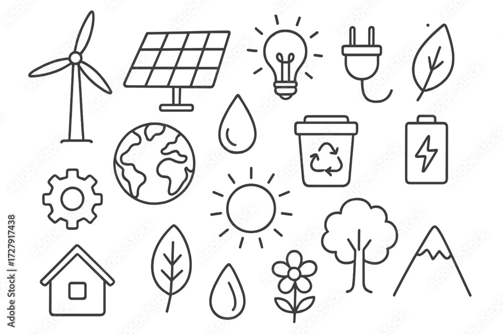 Fototapeta premium Renewable Energy Doodles. Hand-drawn doodle illustration Renewable energy wind turbine, solar panel, light bulb, plug, leaf, water droplet, recycling bin,