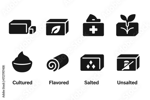 Butter Variety Icons. Solid, filled icon set of butter brands: generic butter, organic butter, artisanal butter, vegan butter, cultured butter, flavored