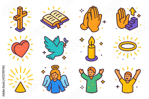 Icons of Salvation. Salvation. Colorful isometric vector icons set of Salvation: cross with light, open Bible, praying hands, ascending stairs, shining heart,