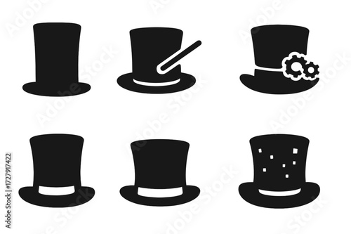 Famous Top Hats. Solid, filled icon set of famous top hats: Abraham Lincoln hat, magician?s hat, Victorian gentleman?s hat, steampunk hat, cartoon top hat,