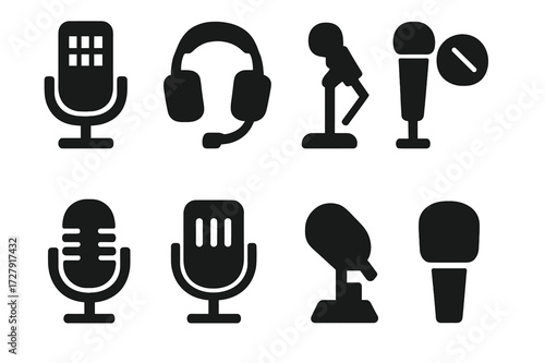 Gaming Mic Icon Set. Solid, filled icon set of gaming and streaming mics: RGB mic, gaming headset, desktop boom mic, mic with mute button, mic with LED level,
