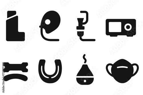 Breath Aid Icons. Solid, filled icon set of breath tools and aids: inhaler, oxygen mask, nebulizer, CPAP machine, nasal strips, mouth guard, humidifier, face
