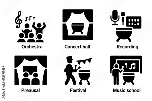 Timpani Icons Set. Solid, filled icon set of timpani performance settings: orchestra, concert hall, recording studio, rehearsal room, marching band, festival,
