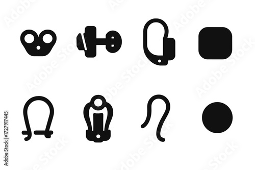 Earring Backings Icons. Solid, filled icon set of earring backings: butterfly clutch, screw back, lever back, push back, latch back, omega back, hook, magnetic
