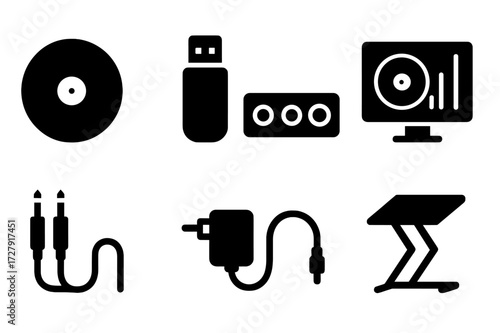 DJ Accessories Icons. Solid, filled icon set of DJ accessories: slipmat, USB drive, audio interface, soundcard, DJ software, cables, power supply, stand.