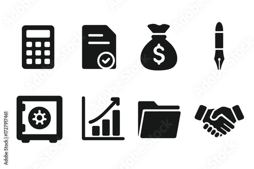 Banker Tools Icon Set. Solid, filled icon set of banker tools: calculator, contract, money bag, fountain pen, bank vault, bar chart, document folder,