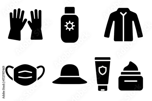 Irritation Prevention Icons. Solid, filled icon set of irritation prevention: gloves, sunscreen, gentle cleanser, moisturizer, protective clothing, mask, hat,