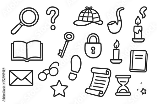 Mystery Elements Icons. Hand-drawn doodle illustration mystery genre magnifying glass, question mark, detective hat, pipe, book, key, lock, candle, letter,