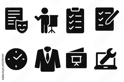 Presentation Prep Icons. Solid, filled icon set of presentation preparation: script, rehearsal, checklist, notes, timer, dress code, invitation, setup. [Solid,