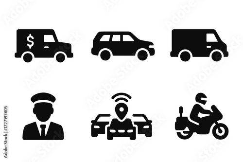 Bodyguard Vehicle Icons. Solid, filled icon set of bodyguard vehicles: armored car, black SUV, motorcycle escort, security van, driver, convoy, GPS tracker,