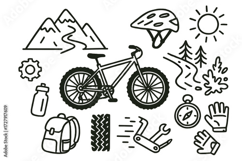Mountain Biking Icons. Hand-drawn doodle illustration mountain biking mountain, rugged bike, gear icon, helmet, trees, trail path, mud splash, water bottle,