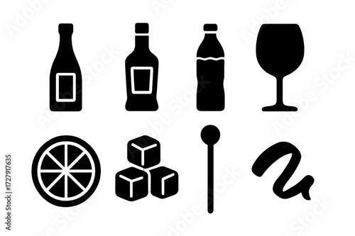 Spritz Cocktail Icons. Solid, filled icon set of spritz cocktail components: prosecco bottle, aperol bottle, soda water bottle, wine glass, orange slice, ice