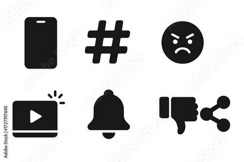 Social Media Icons. Solid, filled icon set of social media scandal: smartphone, hashtag, angry emoji, comment bubble, viral video, notification bell, thumbs