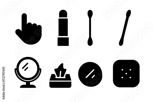 Lip Care Tools Icons. Solid, filled icon set of lip balm application tools: fingertip, applicator stick, cotton swab, lip brush, mirror, compact, tissue,