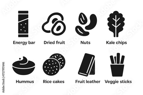 Vegan Snack Icons. Solid, filled icon set of vegan snacks: energy bar, dried fruit, nuts mix, kale chips, hummus bowl, rice cakes, fruit leather, veggie