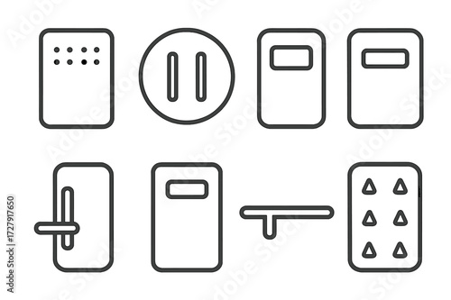 Riot Shield Icons. Outline icon set of riot shields: rectangular shield, round shield, transparent shield, ballistic shield, handheld shield, shield with