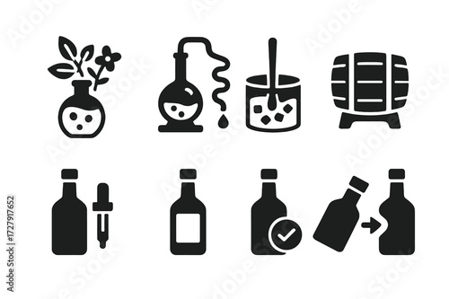 Bitters Production Icons. Solid, filled icon set of bitters production: botanical extraction, distillation, maceration, aging, bottling, labeling, quality