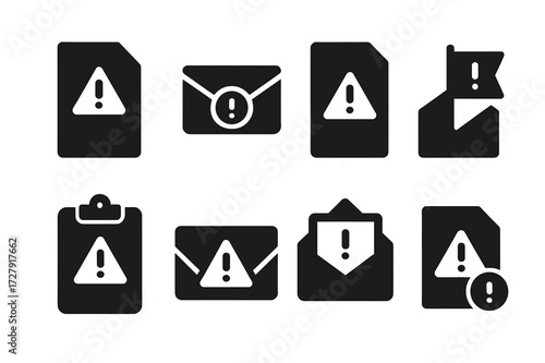 Disciplinary Icon Set. Solid, filled icon set of disciplinary letter: paper with exclamation, sealed envelope, document with alert, letter with flag, clipboard