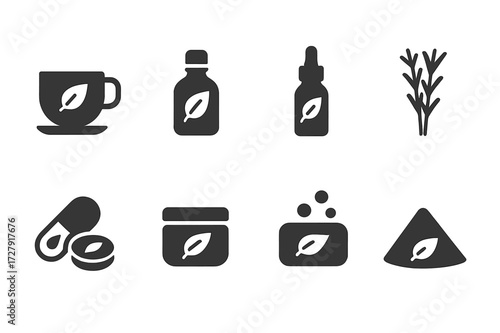 Herbal Product Icons. Solid, filled icon set of herbal products: herbal tea, essential oil bottle, tincture, dried herbs, herbal capsule, ointment jar, herbal