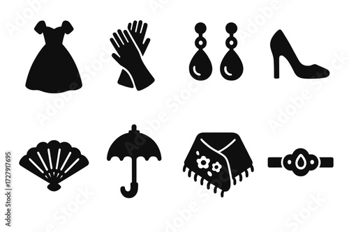 Queen's Fashion Icons. Solid, filled icon set of queen?s fashion and accessories: elegant dress, gloves, pearl earrings, high heels, fan, parasol, embroidered