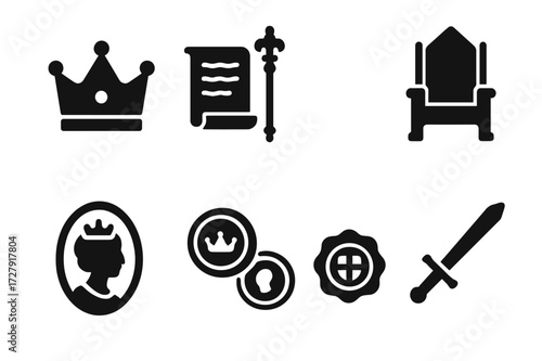 Queen?s Artifacts Icons. Solid, filled icon set of queen?s historical artifacts: ancient crown, royal manuscript, antique scepter, medieval throne, historical