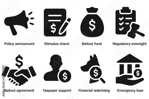Government Intervention Icons. Solid, filled icon set of government intervention: policy announcement, stimulus check, bailout fund, regulatory oversight,