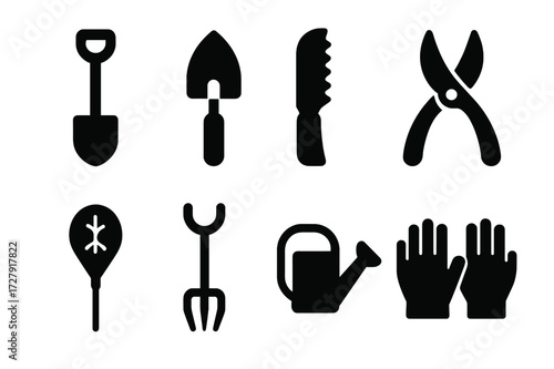Root Tool Set Icons. Solid, filled icon set of root-related tools and equipment: spade, trowel, root saw, root pruning shears, soil tester, root extractor,