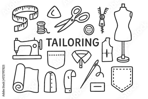 Tailoring Tools Icons. Hand-drawn doodle illustration [Tailoring and garment making] [measuring tape, chalk, scissors, dress form, thread, sewing machine,