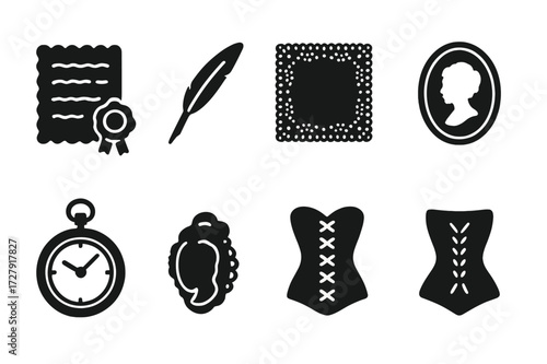 Vintage Icon Set. Solid, filled icon set of dance card historical elements: Victorian style, vintage handwriting, wax seal, quill pen, lace border, cameo,