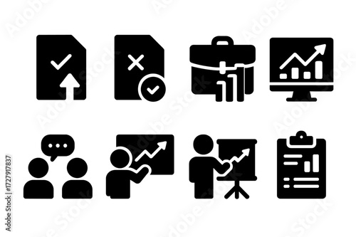 Broker Service Icons. Solid, filled icon set of broker services: buy order, sell order, portfolio management, market analysis, client consultation, trade