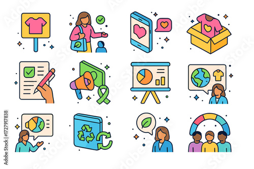 Fashion Activism Icons. Fashion activism. Colorful isometric vector icons set of Fashion activism: protest sign, eco-conscious consumer, social media advocacy,