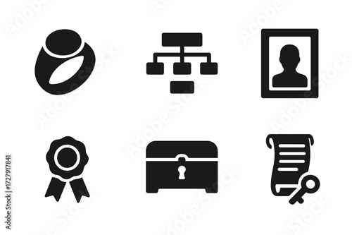 Family Heritage Icons. Solid, filled icon set of family heritage items: antique ring, family tree chart, photo frame, old letter, wax seal, heirloom chest,