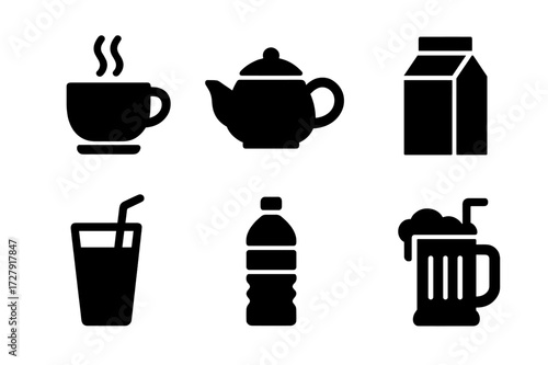 Beverage Icon Grid. Solid, filled icon set of feast beverages: coffee cup, tea pot, soda can, milk carton, smoothie glass, water bottle, beer stein, juice box.