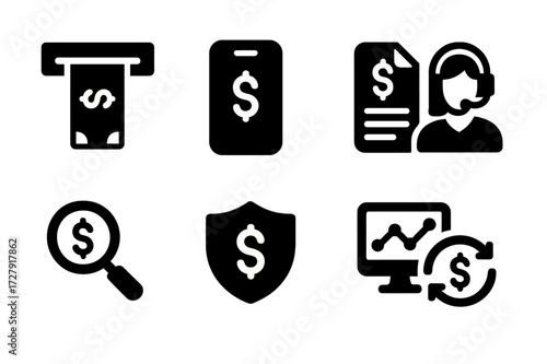 Banking Service Icons. Solid, filled icon set of banking overdraft services: ATM withdrawal, mobile app, bank statement, customer support, transaction review,