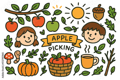 Joyful Apple Harvest. Apple picking. Colorful Hand-drawn doodle Children illustration Red apple, green apple, basket, tree branch, leaves, acorn, pumpkin,