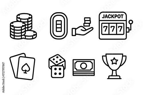 Casino Icon Set. Outline icon set of casino high stakes: stack of chips, poker table, dealer hand, jackpot slot, playing cards, dice cup, cash stack, winner