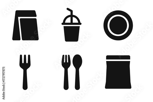 Snack Utensils Icons. Solid, filled icon set of snack utensils and packaging: paper bag, plastic cup, straw, disposable plate, napkin, fork, spoon, resealable