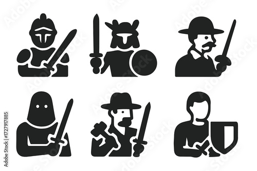 Sword History Icons. Solid, filled icon set of sword history: knight, samurai, gladiator, duelist, executioner, mercenary, blacksmith, herald. Solid, filled