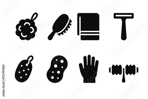 Body Care Icons. Solid, filled icon set of body care tools: loofah, body brush, towel, razor, pumice stone, sponge, gloves, massage roller. Solid, filled icons