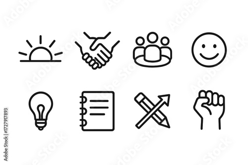 Recovery Icon Set. Outline icon set of loser recovery: rising sun, helping hand, support group, smile returning, light bulb, notebook, new plan, courage fist.