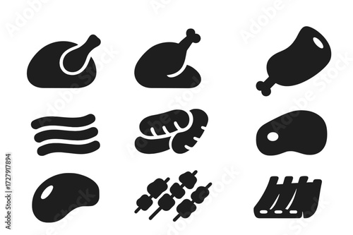 Meat Icon Set. Solid, filled icon set of meat platter: roast beef, grilled chicken, sausages, ribs, ham, steak, meat skewers, bacon strips. Solid, filled icons