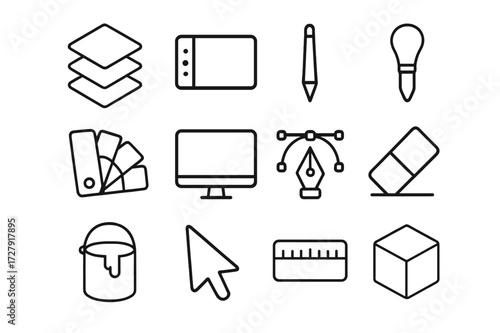 Creative Workflow Icons. Creative workflow. Line icon set of creative workflow: layers panel, graphics tablet, stylus pen, brush, color palette, computer