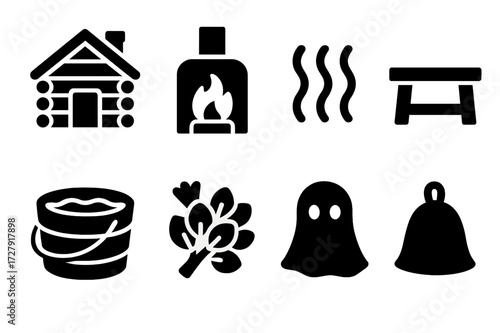Sauna Essentials Icons. Solid, filled icon set of bathhouse environment: log cabin, stove fire, steam waves, wooden bench, bucket with water, birch twigs,