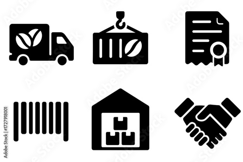 Beans Trade Icons. Solid, filled icon set of bulk beans trade: delivery truck, shipping container, weighing scale, invoice, barcode, warehouse, credit card,