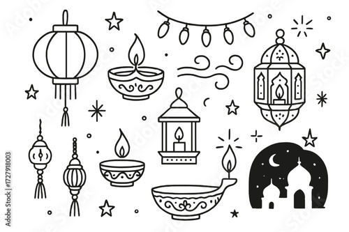 Cultural Lanterns Illustration. Hand-drawn doodle illustration [Cultural lamps and lanterns] [Chinese lantern, Diwali diya, Japanese andon, Moroccan lamp,