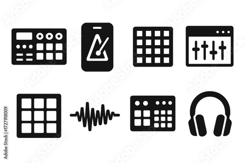 Rhythm Tech Icons. Solid, filled icon set of rhythm technology: drum machine, metronome app, sequencer, music software, MIDI controller, audio wave, beat pad,
