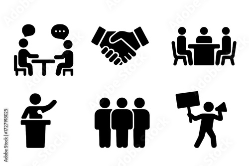 Lobbying Icons Grid. Solid, filled icon set of lobbying strategies: negotiation, handshake, document signing, meeting, speech, coalition, campaign, advocacy.
