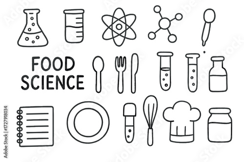 Food Science Doodles. Hand-drawn doodle illustration Food science flask, beaker, atom, molecule, spoon, fork, plate, test tube, pipette, droplet, notebook,