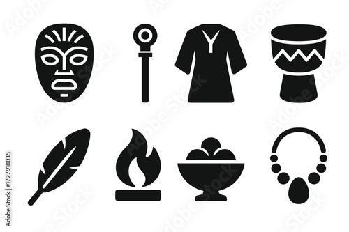 Ceremonial Objects Icons. Solid, filled icon set of ceremonial objects: mask, staff, robe, drum, feather, fire, offering bowl, necklace. [Line icons in only