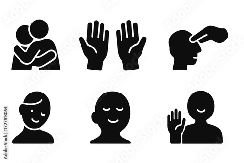 Soothing Gestures Icons. Solid, filled icon set of soothing gestures: gentle hug, open palms, soft touch, relaxed hands, head tilt, calm smile, closed eyes,
